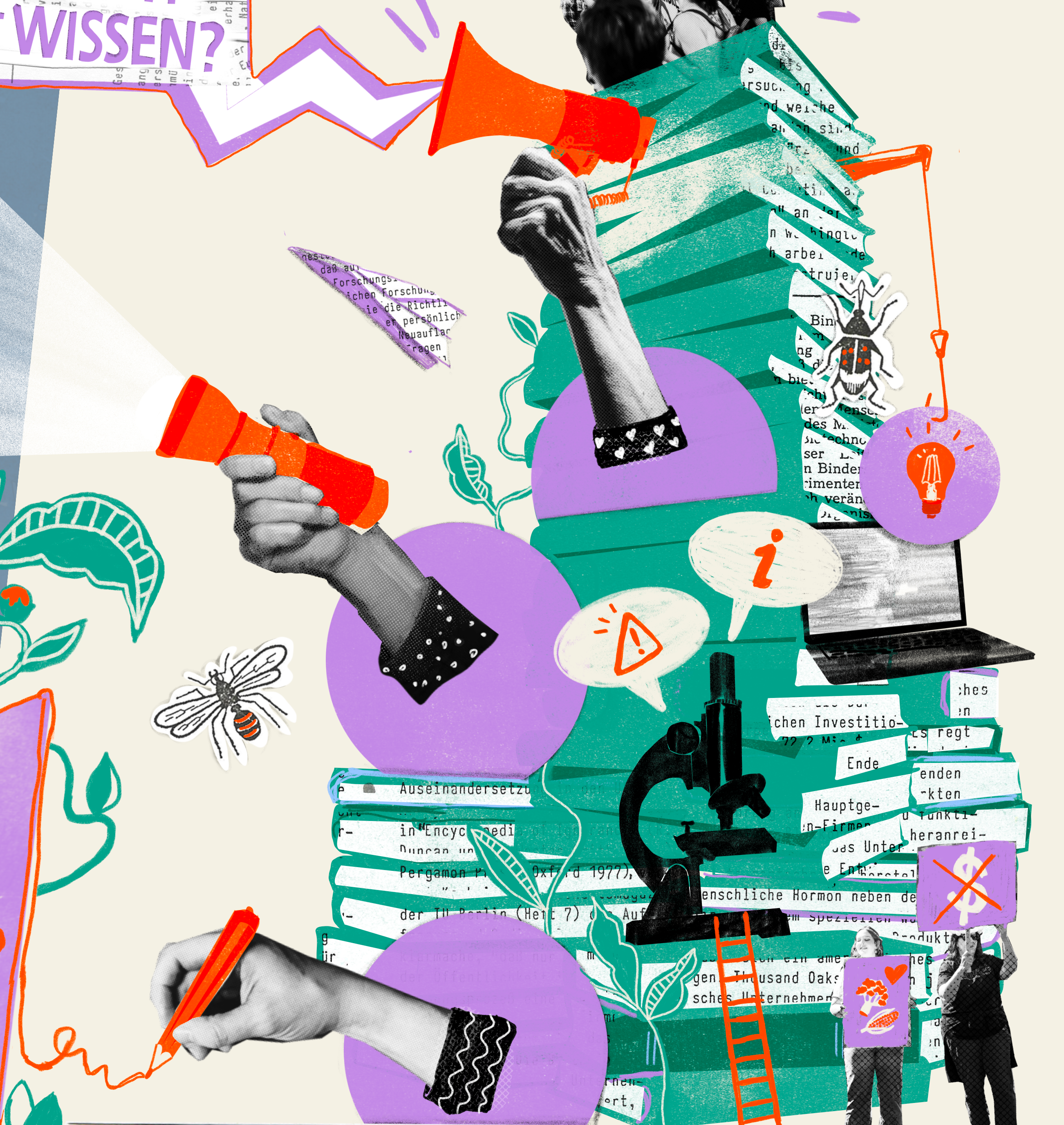 Collage mit Bücherstapel, Händen und Protestschildern