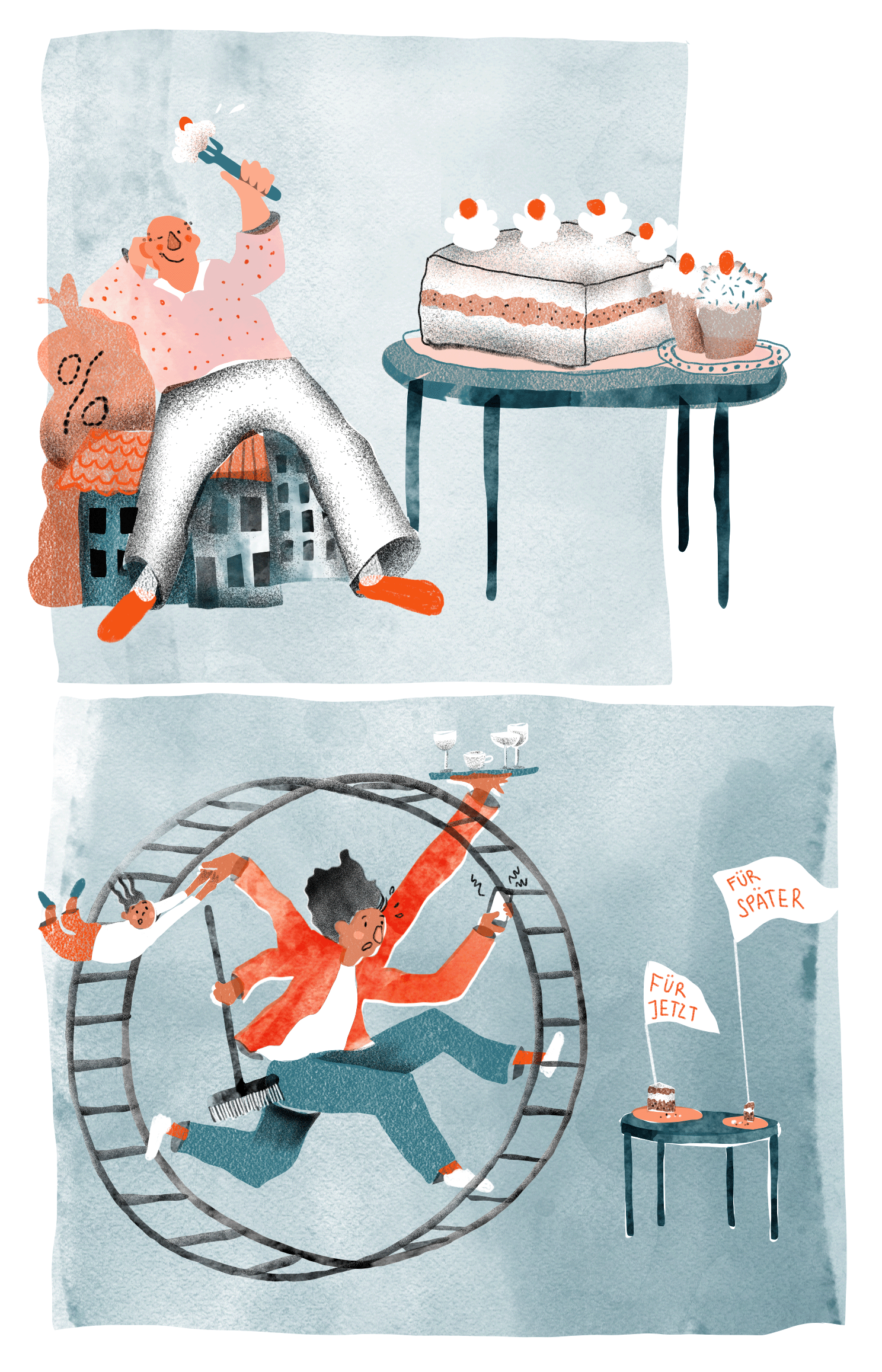 Illustration einer Person auf einem Aktienkurs über einem Haifischbecken
